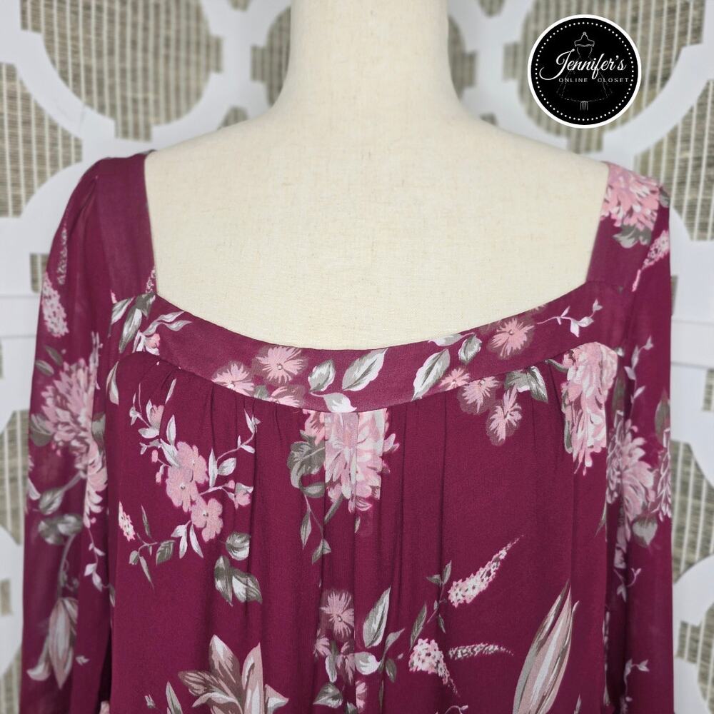 Anthropologie Evelin Maroon/Wine Floral Long Sleeve Chiffon Maxi Dress Size XL - Picture 3 of 16